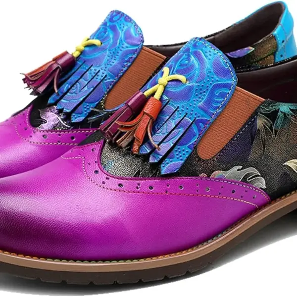 Women's Handmade Lambskin Oxford Loafers Shoes with Retro Ethnic Printed Style, Brock Design for Casual and Fashion Collegiate Style