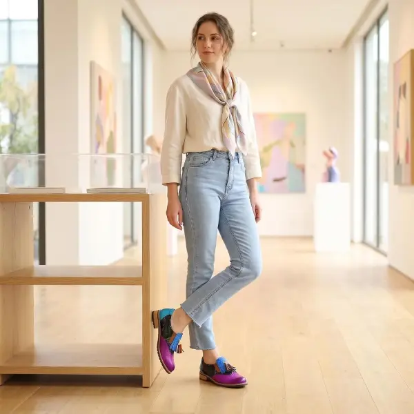 Women's Handmade Lambskin Oxford Loafers Shoes with Retro Ethnic Printed Style, Brock Design for Casual and Fashion Collegiate Style