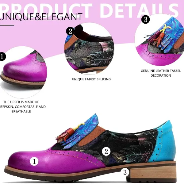 Women's Handmade Lambskin Oxford Loafers Shoes with Retro Ethnic Printed Style, Brock Design for Casual and Fashion Collegiate Style