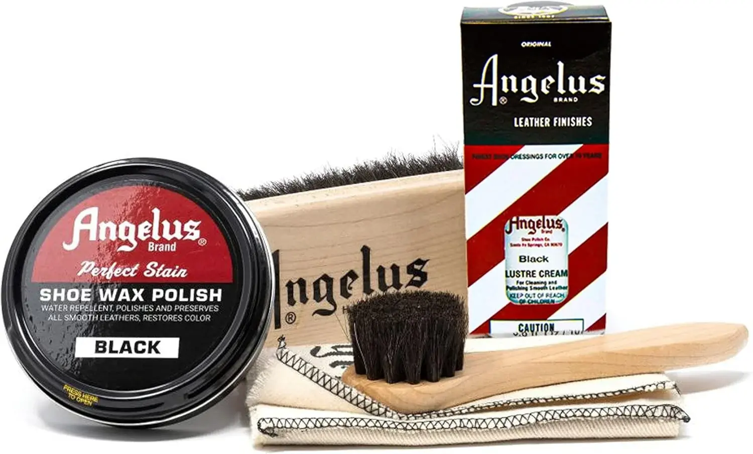Angelus Shoe Shine Kit, Black- Boot and Shoe Polish Wax, Shoe Cream 3oz, Horsehair Brush, Dauber, and Cloth | 5 Piece Set, Gift Idea for Father's Day, Dad, Husband