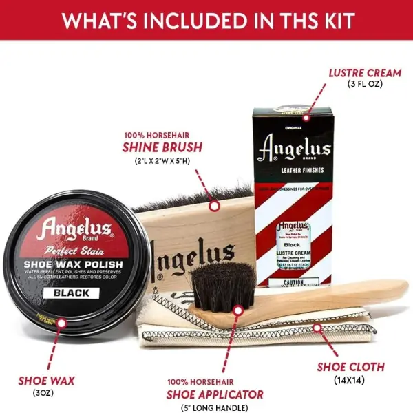 Angelus Shoe Shine Kit, Black- Boot and Shoe Polish Wax, Shoe Cream 3oz, Horsehair Brush, Dauber, and Cloth | 5 Piece Set, Gift Idea for Father's Day, Dad, Husband