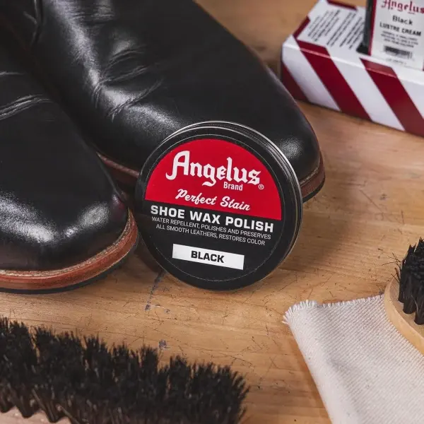 Angelus Shoe Shine Kit, Black- Boot and Shoe Polish Wax, Shoe Cream 3oz, Horsehair Brush, Dauber, and Cloth | 5 Piece Set, Gift Idea for Father's Day, Dad, Husband