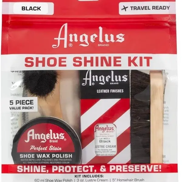 Angelus Shoe Shine Kit, Black- Boot and Shoe Polish Wax, Shoe Cream 3oz, Horsehair Brush, Dauber, and Cloth | 5 Piece Set, Gift Idea for Father's Day, Dad, Husband