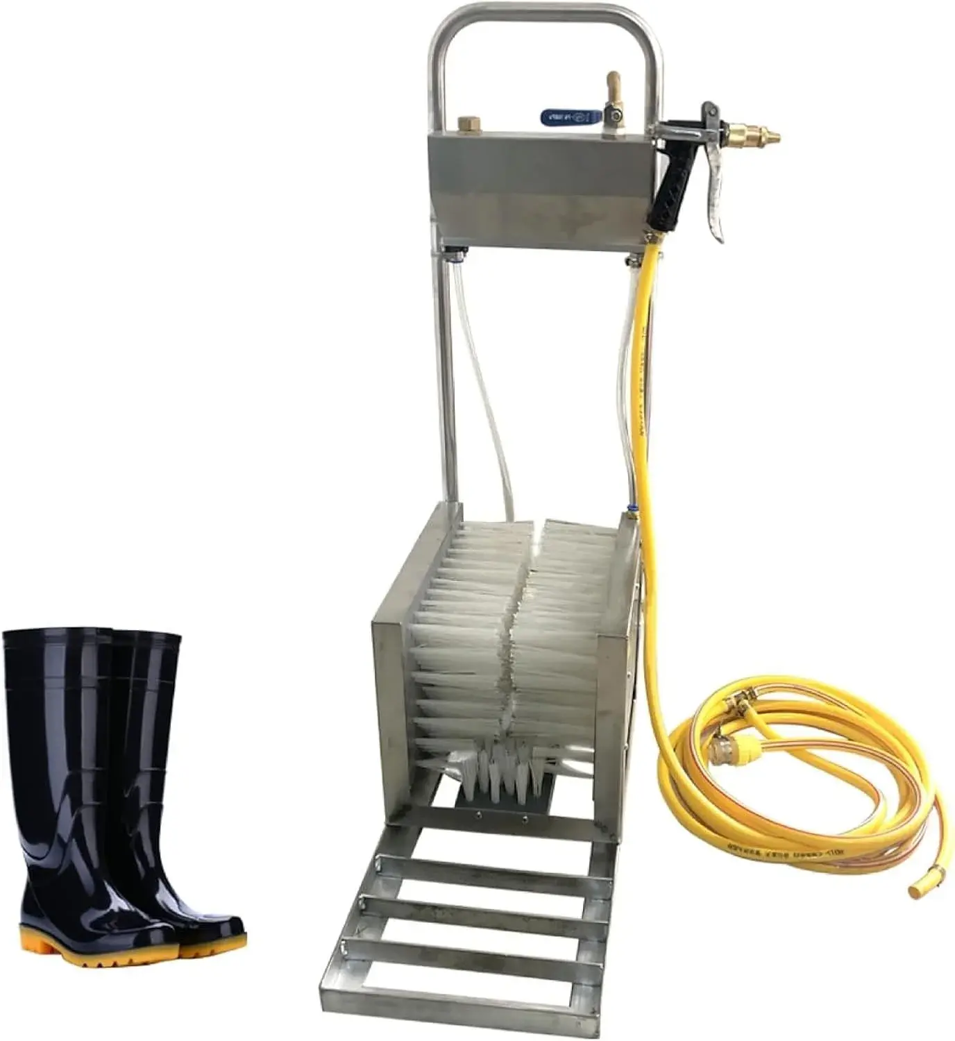 Farm Boot Scrubber with 3-Sided Brushes and Water Spray, Heavy-Duty Stainless Steel Shoe Cleaner Tool for Livestock and Ranch Use