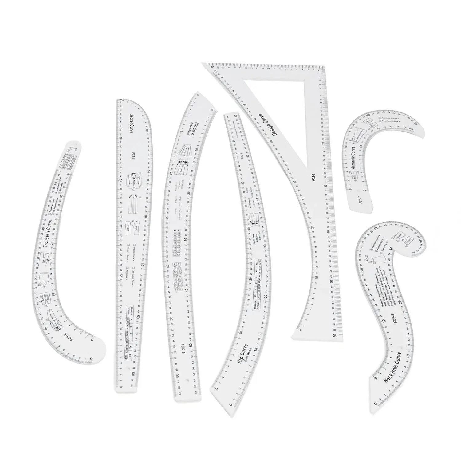 7Pcs Fashion Clear Metric Sewing Ruler Set, French Curve Pattern Ruler Kit for Beginners, Tailors, and Designers, Fashion Design Dress Makers Ruler, Clear Sewing Tailors Pattern Making Ruler