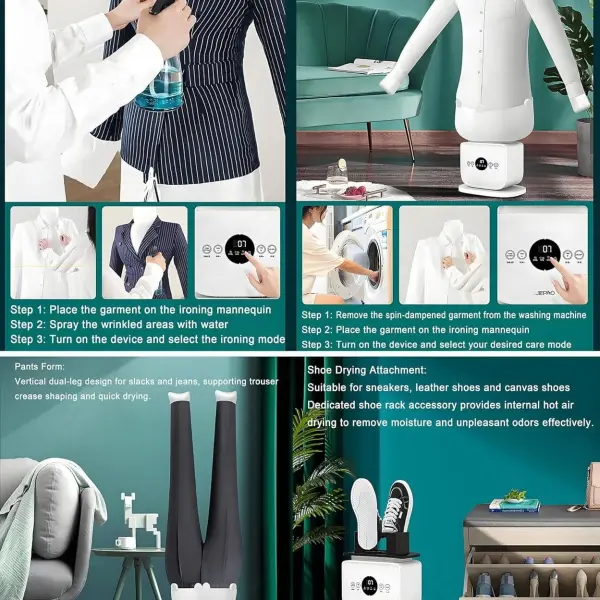 Automatic Ironing Machine,Wrinkle Removal,Timed Drying & Ironing,Built-in Aromatherapy Tank,Inflatable Steamer with Garment Mold,Pants Mold,Shoe & Hat Rack and Spray Bottle