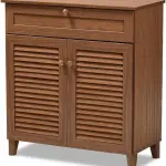 BOWERY HILL Contemporary Wood 4-Shelf and Drawer Shoe Cabinet, Walnut Brown Finish, Engineered Wood Construction, Storage for 12 Pairs of Shoes, Solid Knobs, Tapered Legs, Entryway or Bedroom Use