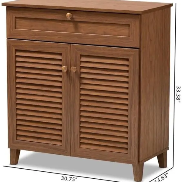 BOWERY HILL Contemporary Wood 4-Shelf and Drawer Shoe Cabinet, Walnut Brown Finish, Engineered Wood Construction, Storage for 12 Pairs of Shoes, Solid Knobs, Tapered Legs, Entryway or Bedroom Use