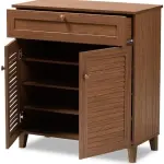 BOWERY HILL Contemporary Wood 4-Shelf and Drawer Shoe Cabinet, Walnut Brown Finish, Engineered Wood Construction, Storage for 12 Pairs of Shoes, Solid Knobs, Tapered Legs, Entryway or Bedroom Use