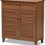 BOWERY HILL Contemporary Wood 4-Shelf and Drawer Shoe Cabinet, Walnut Brown Finish, Engineered Wood Construction, Storage for 12 Pairs of Shoes, Solid Knobs, Tapered Legs, Entryway or Bedroom Use