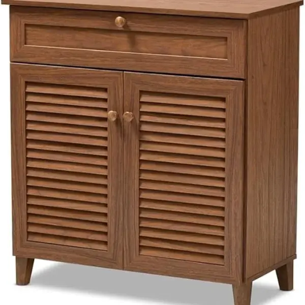 BOWERY HILL Contemporary Wood 4-Shelf and Drawer Shoe Cabinet, Walnut Brown Finish, Engineered Wood Construction, Storage for 12 Pairs of Shoes, Solid Knobs, Tapered Legs, Entryway or Bedroom Use