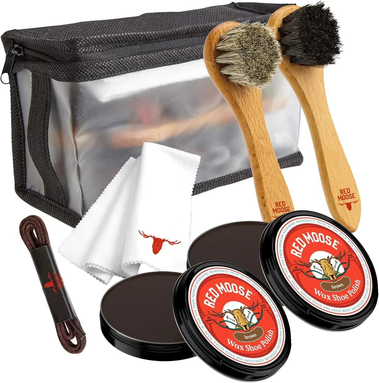 RED MOOSE Full Leather Wax Shoe Polish Kit - 2x Brush, Buffing Cloth, Travel Case, Laces