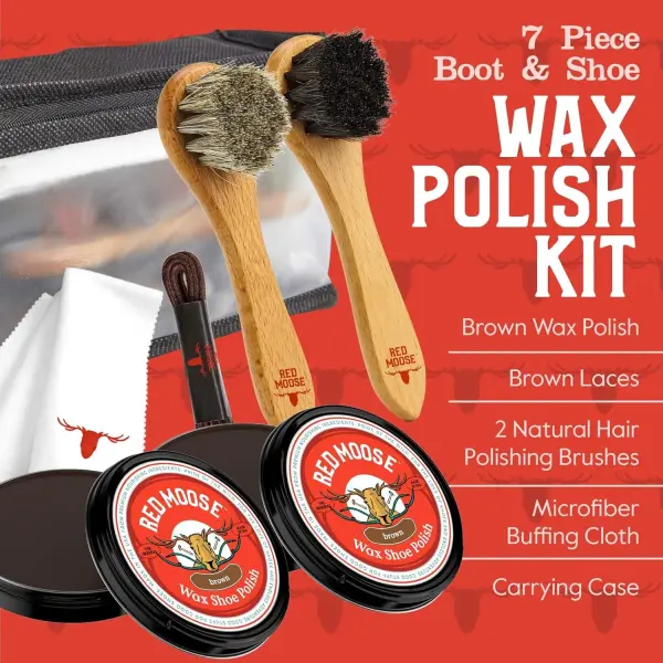 RED MOOSE Full Leather Wax Shoe Polish Kit - 2x Brush, Buffing Cloth, Travel Case, Laces