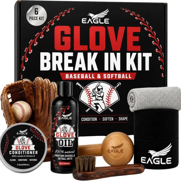 Eagle Glove Break in Kit - Glove Oil (8.45oz), Conditioner (3.38oz), Wrap, Mallet, Applicator & Cloth, 6-Pieces Set for Baseball Gloves, Softball Gloves