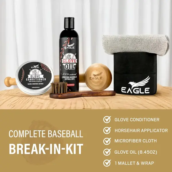 Eagle Glove Break in Kit - Glove Oil (8.45oz), Conditioner (3.38oz), Wrap, Mallet, Applicator & Cloth, 6-Pieces Set for Baseball Gloves, Softball Gloves