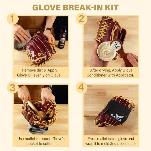 Eagle Glove Break in Kit - Glove Oil (8.45oz), Conditioner (3.38oz), Wrap, Mallet, Applicator & Cloth, 6-Pieces Set for Baseball Gloves, Softball Gloves