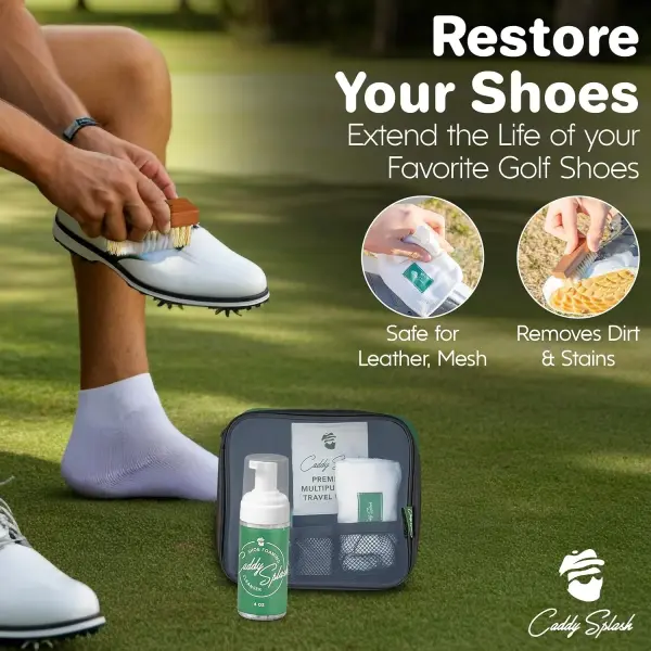 Caddy Splash Complete Golf Shoe Cleaning Kit - 4oz Foaming Cleanser, Durable & Safe Shoe Brush, Premium Microfiber Towel & Multi Purpose Travel Wipes - All-in-One Cleaning Solution - USA Company