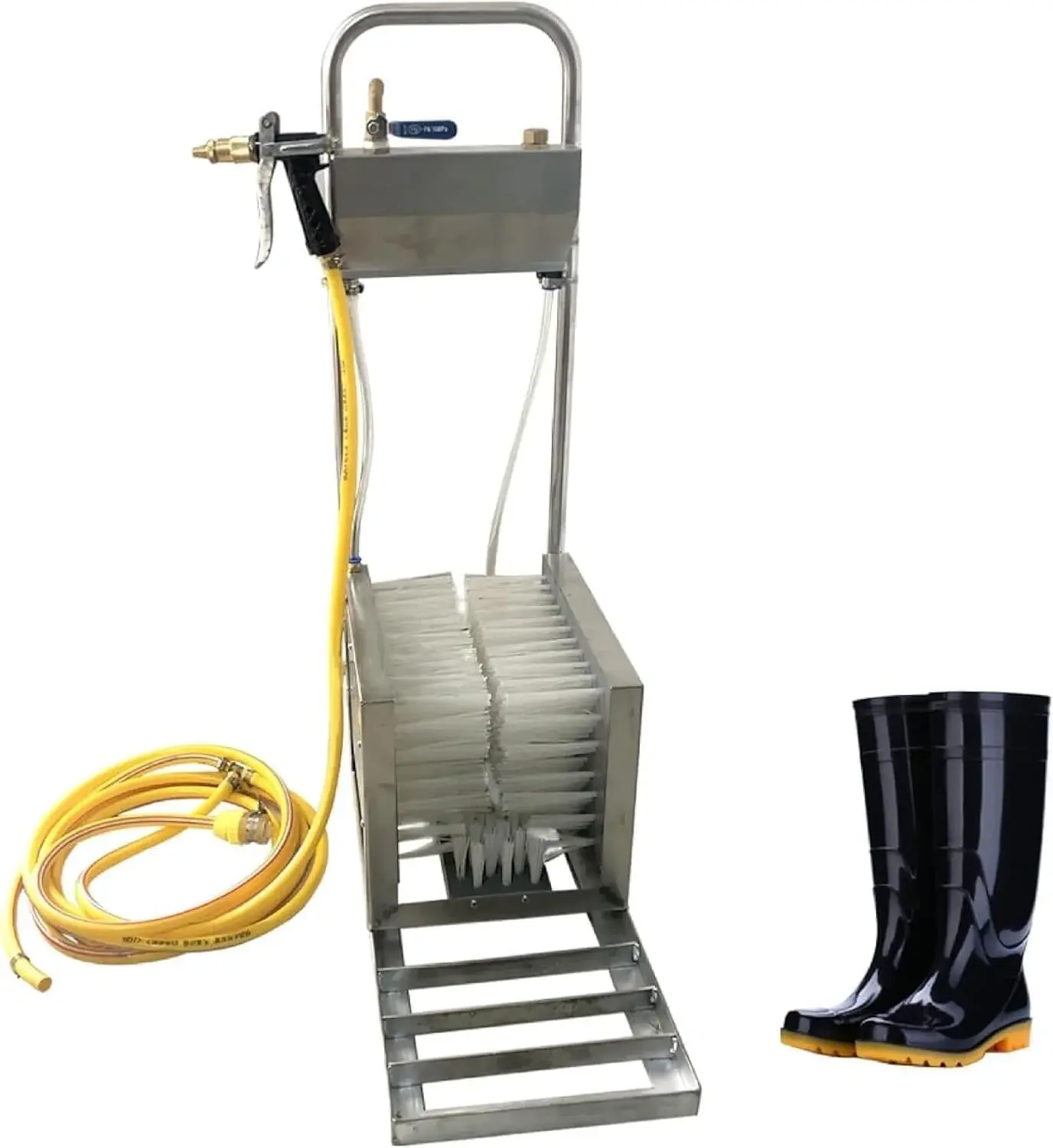 Stainless Steel Boot Scrubber & Shoe Cleaner Tool with 3-Sided Brushes & Water Spray - Outdoor Footwear Cleaning for Farm, Ranch, & Heavy-Duty Use