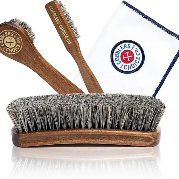 Cobbler’s Choice Co. Leather Care Kit with Horsehair Shoe Brush, Dauber Brush, Welt Brush, Microfiber Cloth - Brown