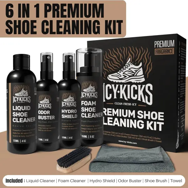 ICYKICKS Premium 6-in-1 Sneaker & Shoe Cleaning Kit – Foam Cleaner, Water-Repellent, Odor Eliminator, Brush & Microfiber Towel – Safe for Leather, Suede, Canvas – Deep Clean Sneakers Fast