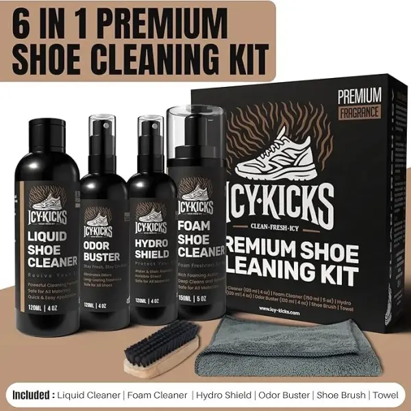 ICYKICKS Premium 6-in-1 Sneaker & Shoe Cleaning Kit – Foam Cleaner, Water-Repellent, Odor Eliminator, Brush & Microfiber Towel – Safe for Leather, Suede, Canvas – Deep Clean Sneakers Fast