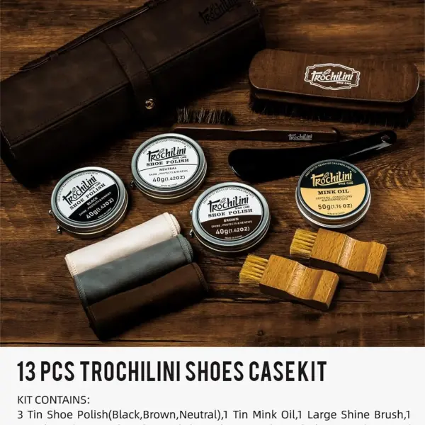 Shoe Polish Kit 13PC Shoe Shine Leather Boot Shoe Care Set Mink Oil Brushes and More for Gentle Care Cleaning