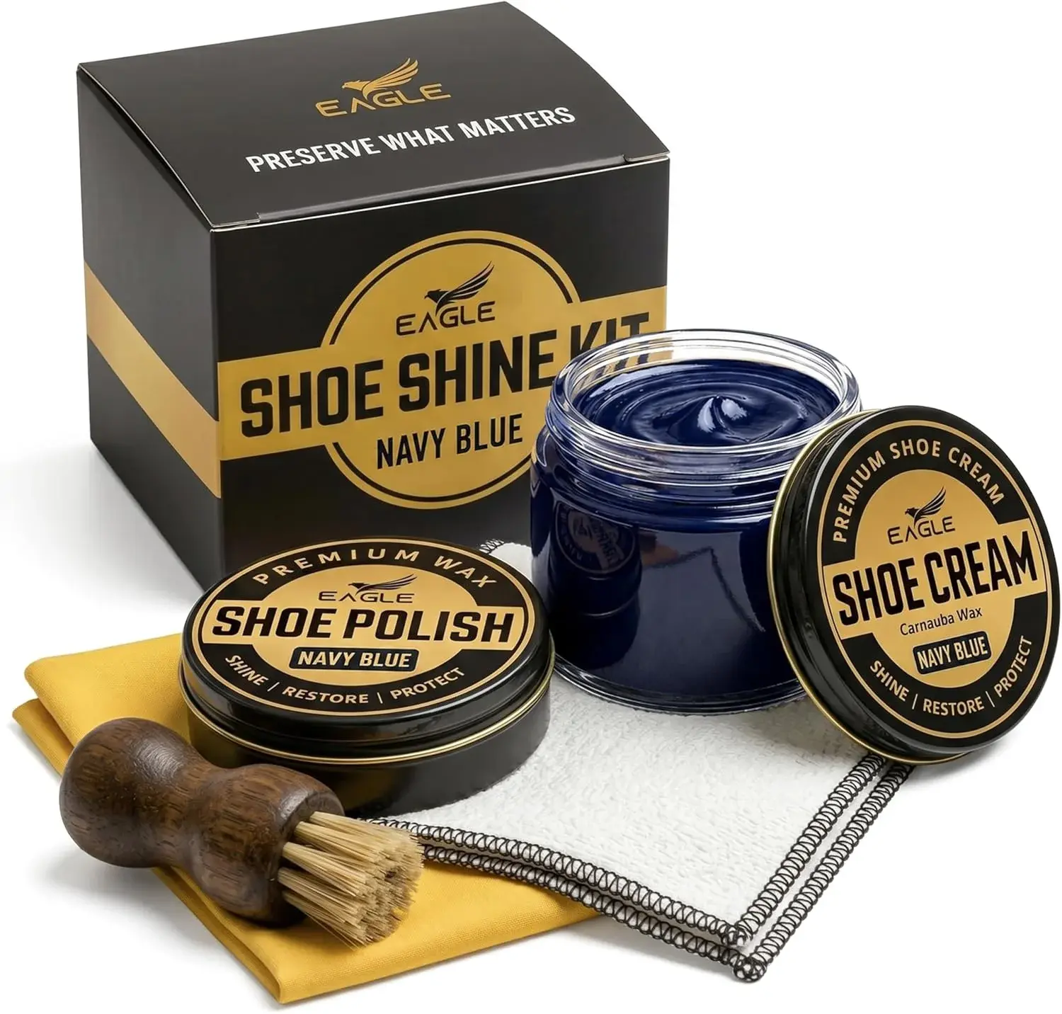 Eagle Shoe Shine Kit Navy Blue – 5-Piece Leather Shoe Polish & Cream Set with Brush & Cloths | Beeswax Waterproof Polish + Carnauba Wax Shoe Cream | Restore, Shine & Protect Dress Shoes & Boots
