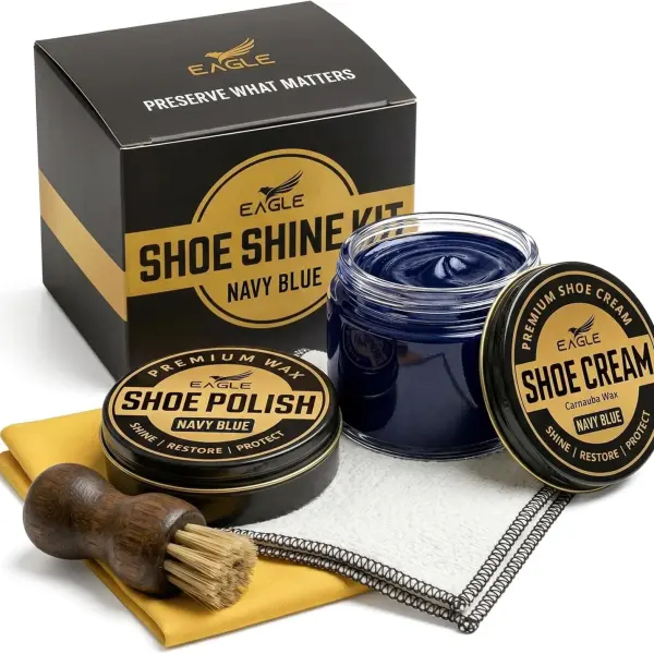 Eagle Shoe Shine Kit Navy Blue – 5-Piece Leather Shoe Polish & Cream Set with Brush & Cloths | Beeswax Waterproof Polish + Carnauba Wax Shoe Cream | Restore, Shine & Protect Dress Shoes & Boots