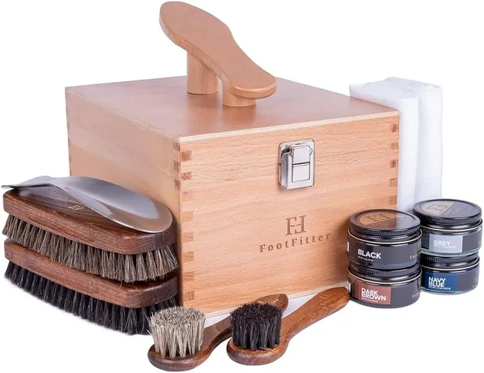 FootFitter Beech Wood Valet Box, Premium Shoe Shine Organizer with Classic Storage for Polish, Brushes, Cloths & Tools