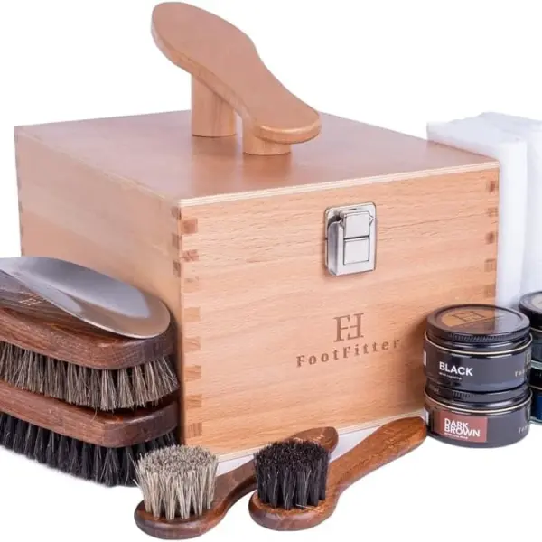 FootFitter Beech Wood Valet Box, Premium Shoe Shine Organizer with Classic Storage for Polish, Brushes, Cloths & Tools