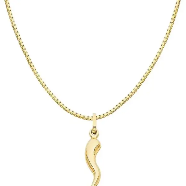 Ioka 14K Yellow Gold Cornicello Italian Horn Necklace Good Luck Charm Pendant with 0.8mm Box Chain