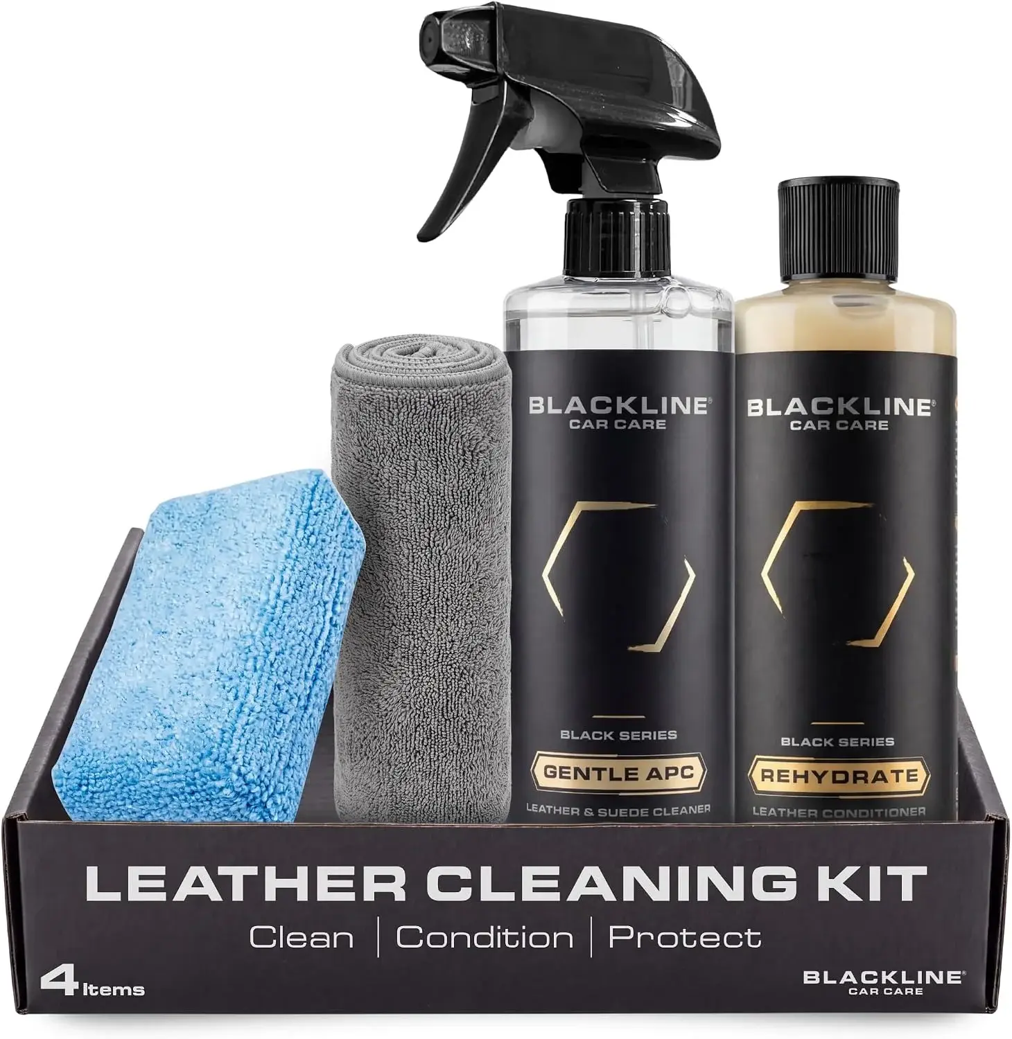 Blackline Car Leather Cleaner and Conditioner Care Kit with Microfiber Towel and Applicator Pad, Gentle APC and Leather Rehydrate, 2 16 Fl Oz Bottles for Leather Car Interiors