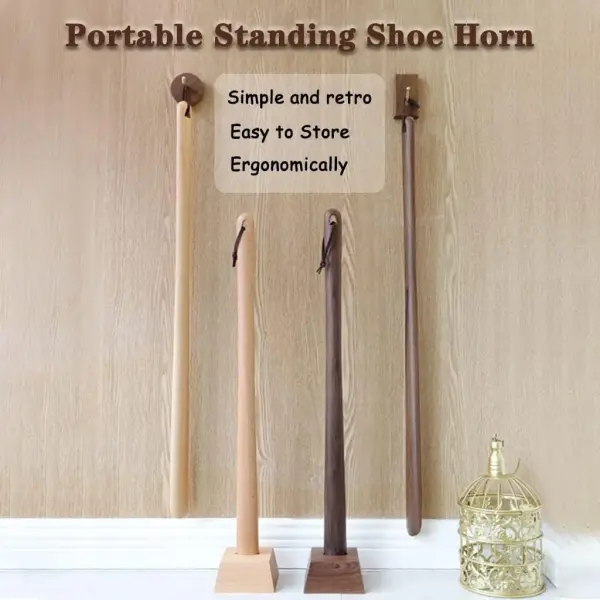 Long Wooden Shoe Horn with Stable Base - Japanese Style Shoe Helper - Effortless Shoe Wearing Tool for Easy Slip-On Shoe Types