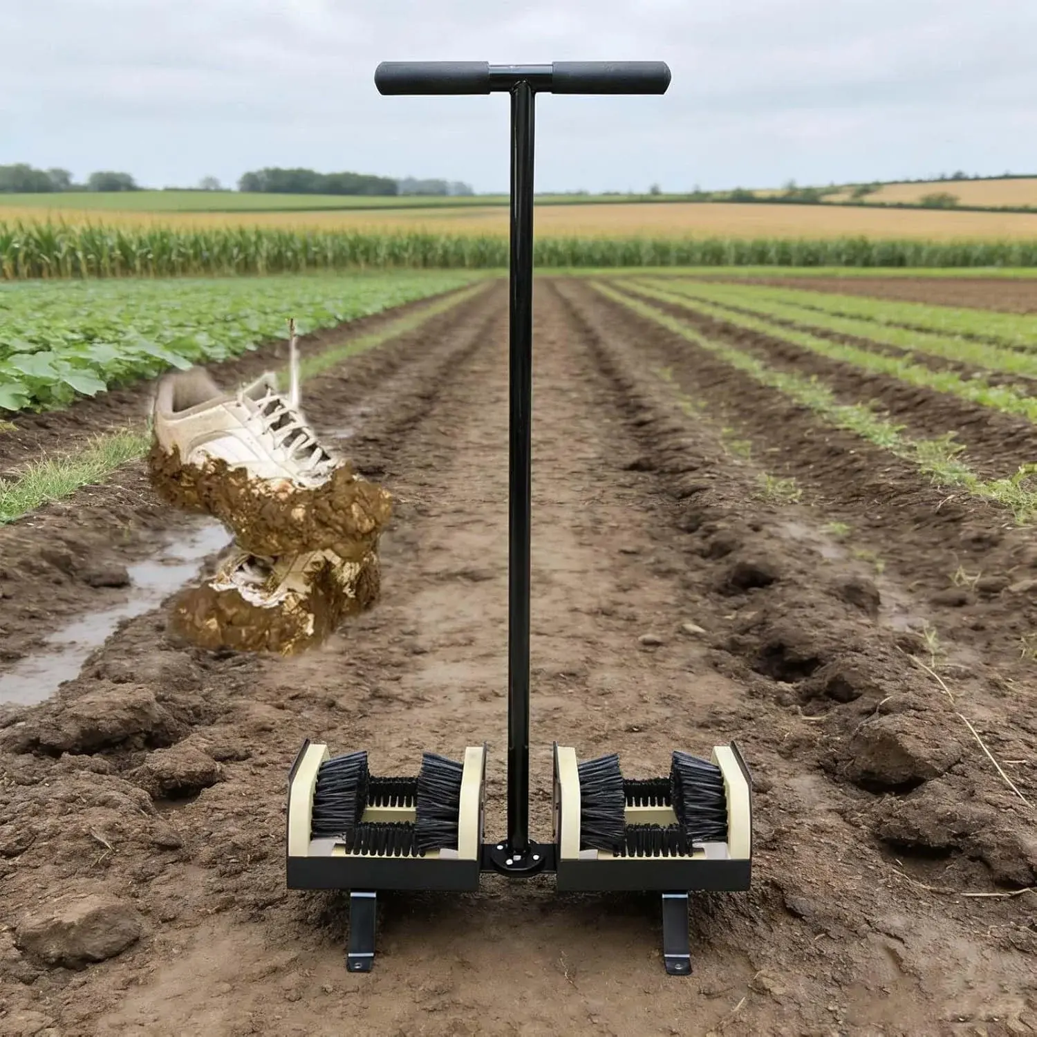 Double Foot Shoe Cleaner - Heavy-Duty Boot Scrubber with Sturdy T-Handle & Anti-Slip Base, Perfect for Mud/Dirt Removal, Ideal for Garden, Farm & Entryway Use