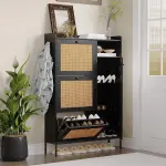 Black Shoe Cabinet with 3 Flip Drawers and PE Rattan Doors Narrow Entryway Shoe Storage Organizer with Adjustable Shelves for Apartment Hallway Foyer