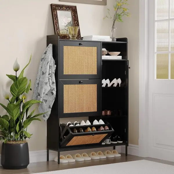 Black Shoe Cabinet with 3 Flip Drawers and PE Rattan Doors Narrow Entryway Shoe Storage Organizer with Adjustable Shelves for Apartment Hallway Foyer