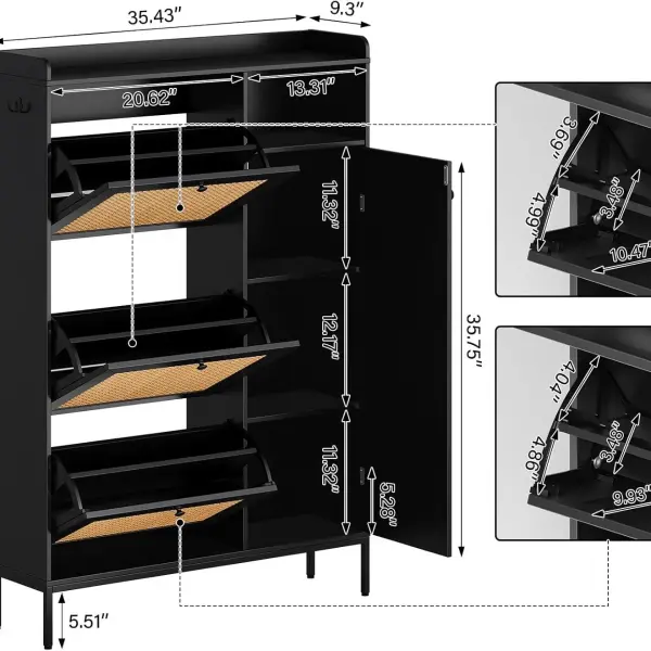 Black Shoe Cabinet with 3 Flip Drawers and PE Rattan Doors Narrow Entryway Shoe Storage Organizer with Adjustable Shelves for Apartment Hallway Foyer