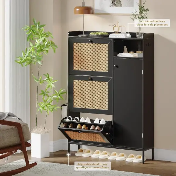 Black Shoe Cabinet with 3 Flip Drawers and PE Rattan Doors Narrow Entryway Shoe Storage Organizer with Adjustable Shelves for Apartment Hallway Foyer