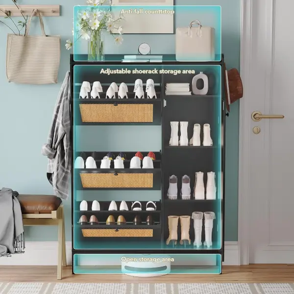 Black Shoe Cabinet with 3 Flip Drawers and PE Rattan Doors Narrow Entryway Shoe Storage Organizer with Adjustable Shelves for Apartment Hallway Foyer