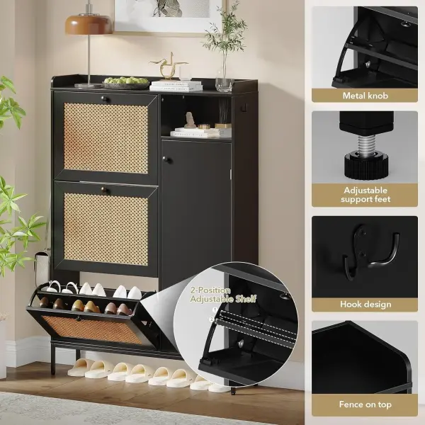 Black Shoe Cabinet with 3 Flip Drawers and PE Rattan Doors Narrow Entryway Shoe Storage Organizer with Adjustable Shelves for Apartment Hallway Foyer