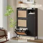 Black Shoe Cabinet with 3 Flip Drawers and PE Rattan Doors Narrow Entryway Shoe Storage Organizer with Adjustable Shelves for Apartment Hallway Foyer