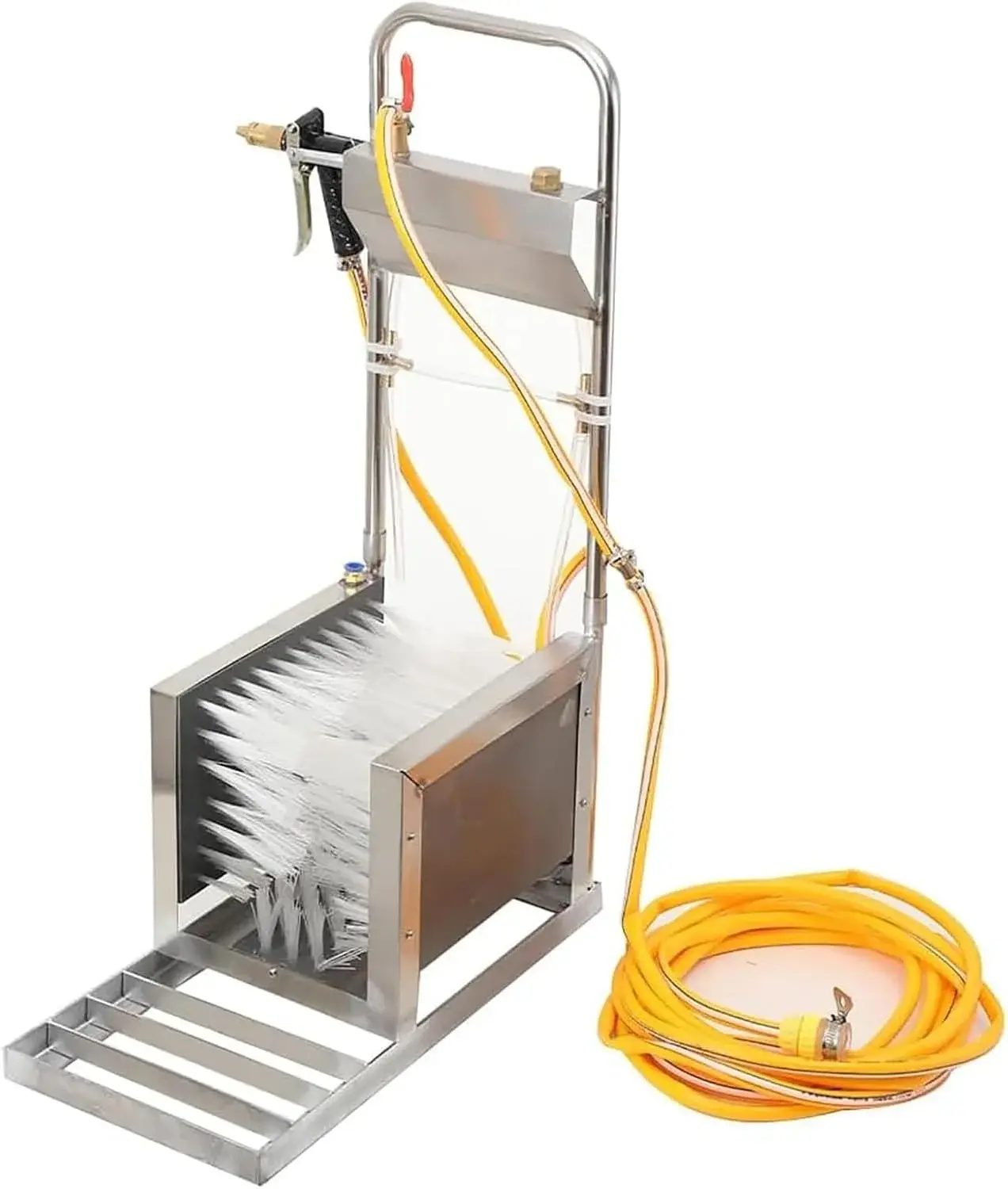 Farm Boot Cleaning Station, Stainless Steel Shoe Scraper Brush with Integrated Water Spray Gun 360 Degree Deep Cleaning Design for Mud Removal Outdoor Farm Garden Livestock Use