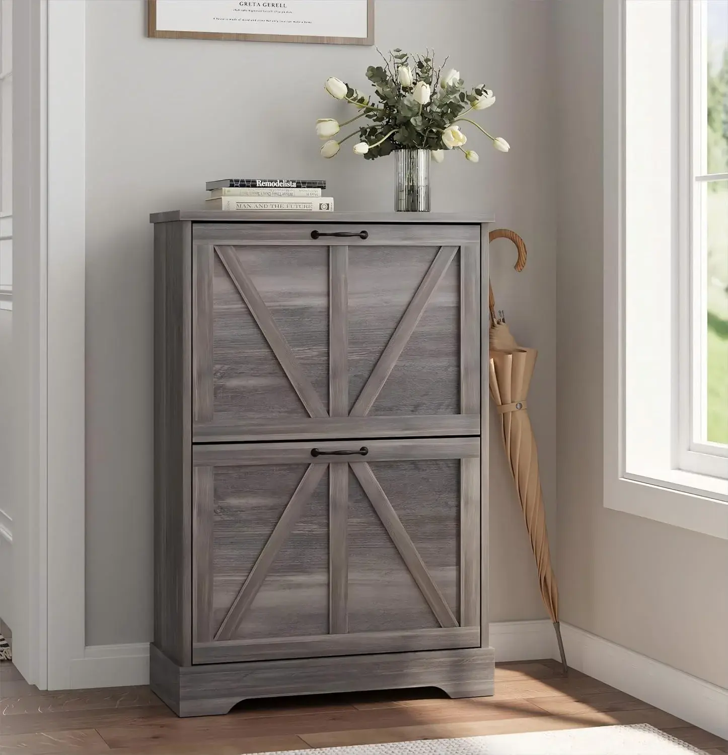 Smart FENDEE Shoe Cabinet, Shoe Storage Cabinet for Entryway with 2 Flip Drawers, Narrow Farmhouse Shoe Organizer Cabinet, Slim Shoe Rack Cabinet, Gery