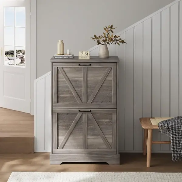 Smart FENDEE Shoe Cabinet, Shoe Storage Cabinet for Entryway with 2 Flip Drawers, Narrow Farmhouse Shoe Organizer Cabinet, Slim Shoe Rack Cabinet, Gery