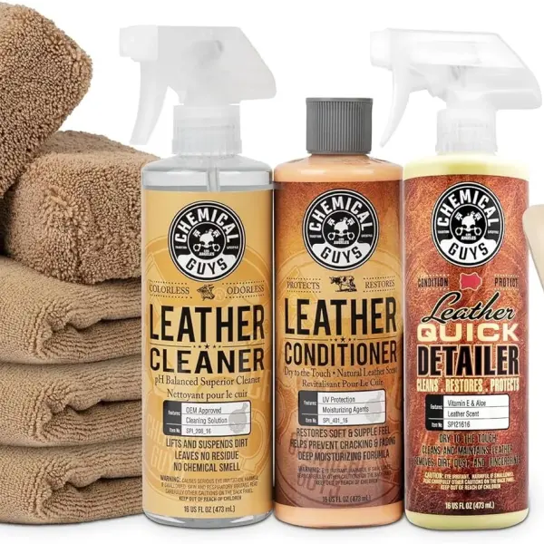 Chemical Guys Leather Cleaner and Conditioner Detailing Kit - Leather Care Kit For Natural, Synthetic, Faux, Pleather, and More for Car Interiors, Apparel, Furniture, Boots & Accessories - 9 Items
