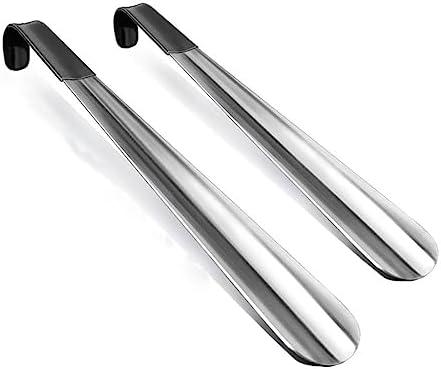 42cm Long Handle Stainless Steel Shoe Horn - 16 Inch Easy Wear Shoe Spoon with Leather Cover - Effortless On/Off Shoe Helper for Men & Women - Stylish White Star Design