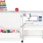 Arrow Sewing Classic Furniture “Judy” Sewing Cabinet: Portable, Folding, Compact, Locking Wheels, with Storage Bin and Hydraulic Machine Lift-White