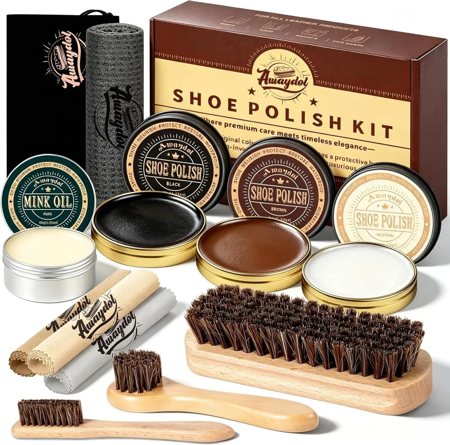12 PCS Shoe Polish Kit - Horsehair Brushes, Black Brown Neutral Polish,Mink Oil Conditioner for Shoes,Polishing Cloth, Leather Boots Shine Care Kit ﻿Gift for Men Cowboy Husband Dad