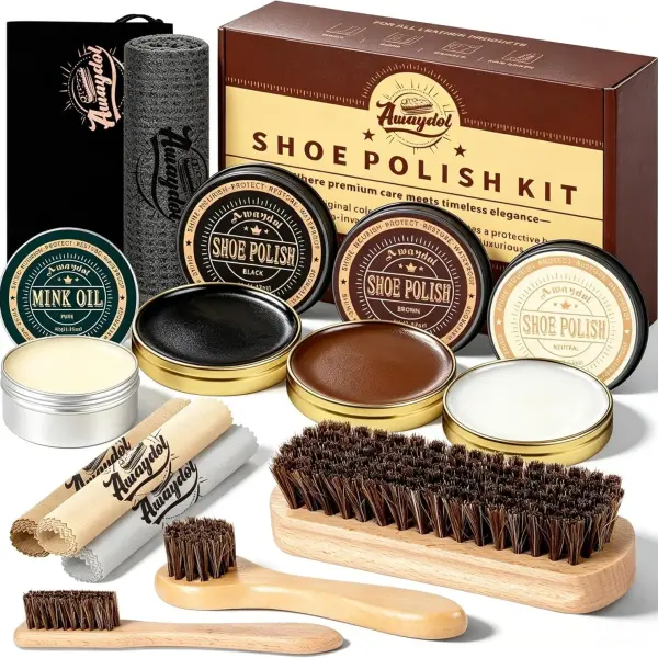 12 PCS Shoe Polish Kit - Horsehair Brushes, Black Brown Neutral Polish,Mink Oil Conditioner for Shoes,Polishing Cloth, Leather Boots Shine Care Kit ﻿Gift for Men Cowboy Husband Dad