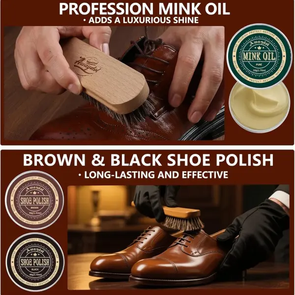 12 PCS Shoe Polish Kit - Horsehair Brushes, Black Brown Neutral Polish,Mink Oil Conditioner for Shoes,Polishing Cloth, Leather Boots Shine Care Kit ﻿Gift for Men Cowboy Husband Dad